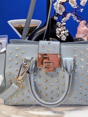 Jimmy Choo Powder Blue Star-Studded Leather Satchel with Gold Hardware
